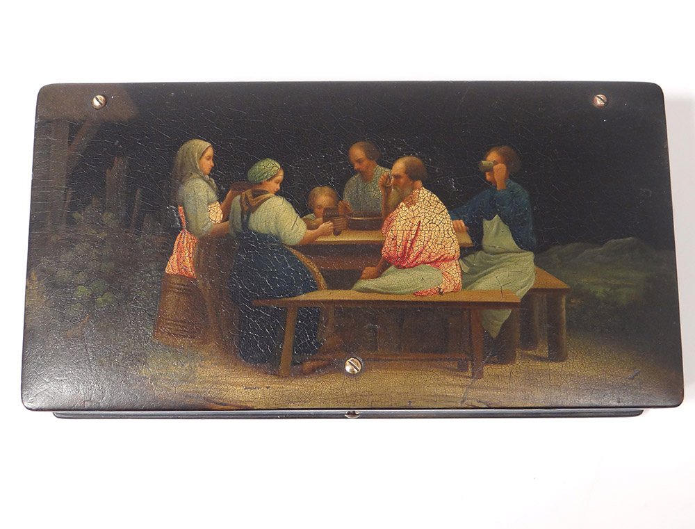 Boîte coffret russe bois laqué Lukutin personnages table paysage XIXème-photo-3