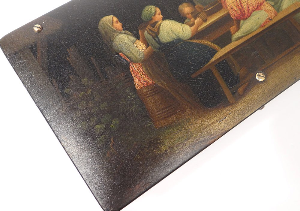 Boîte coffret russe bois laqué Lukutin personnages table paysage XIXème-photo-2