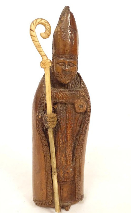 Small Wooden Sculpture Of A Saintly Bishop With A Crosier And Miter, 19th Century