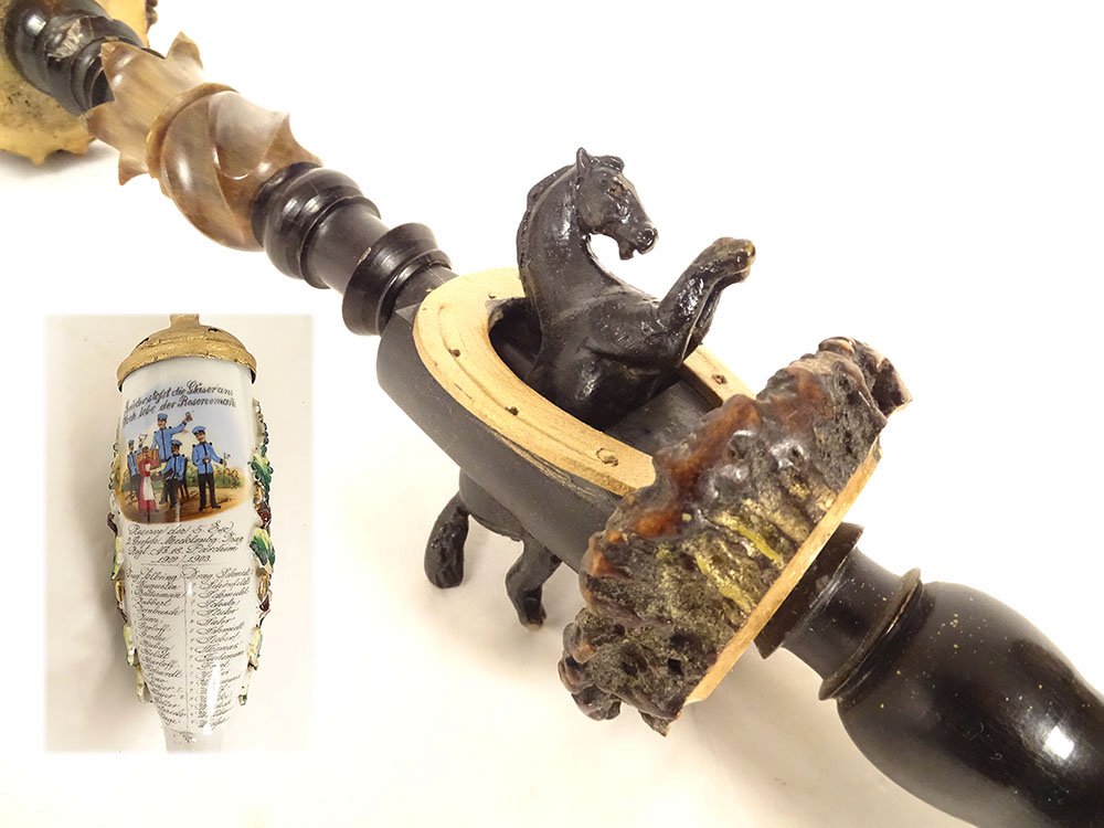 Large Reservist's Pipe, Tyrol, Wood, Horn, Porcelain, Dragon, Germany, 20th Century