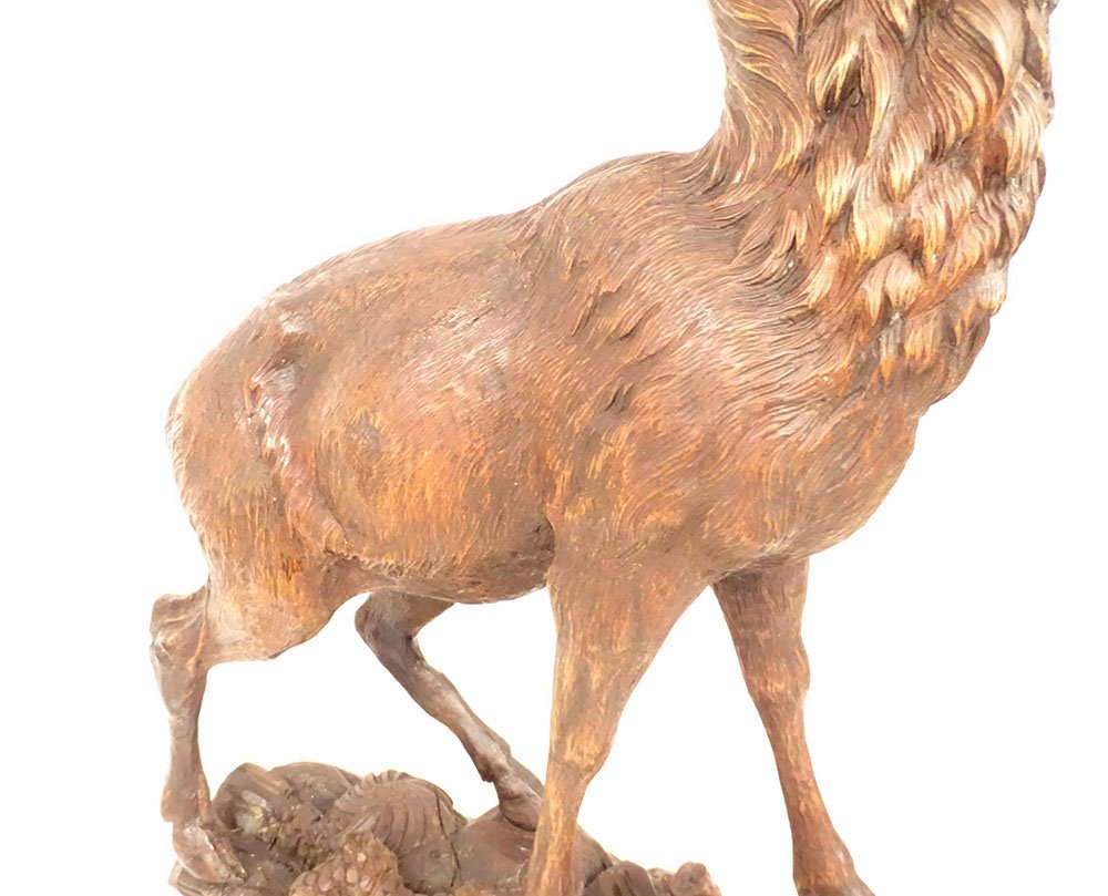 Large Black Forest Wood Carving Depicting A Chamois And A Ibex In The Alps, 19th Century-photo-3