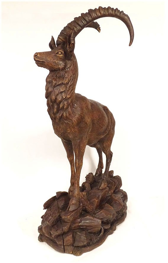 Large Black Forest Wood Carving Depicting A Chamois And A Ibex In The Alps, 19th Century