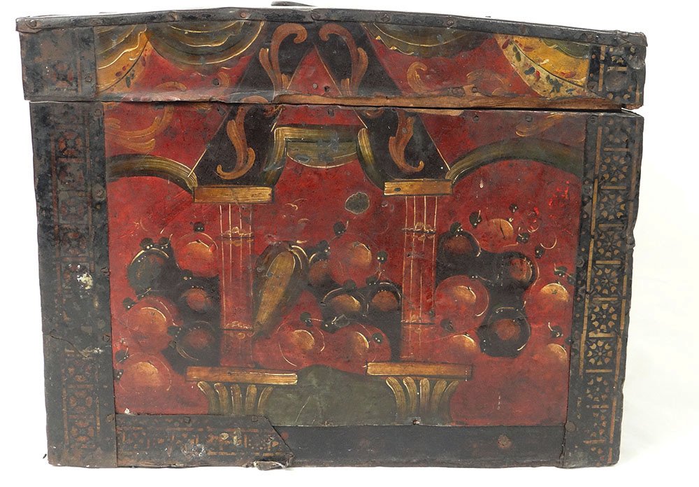 Coffre coffret métal peint polychrome coupes fruits colonnes XVIIème siècle-photo-3