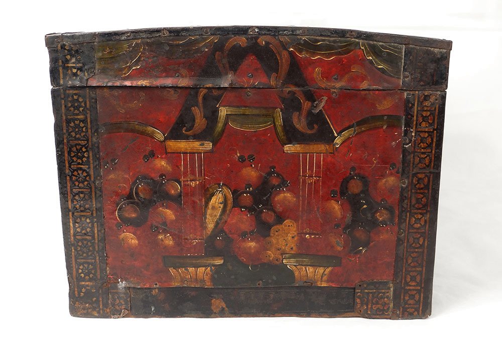 Coffre coffret métal peint polychrome coupes fruits colonnes XVIIème siècle-photo-4