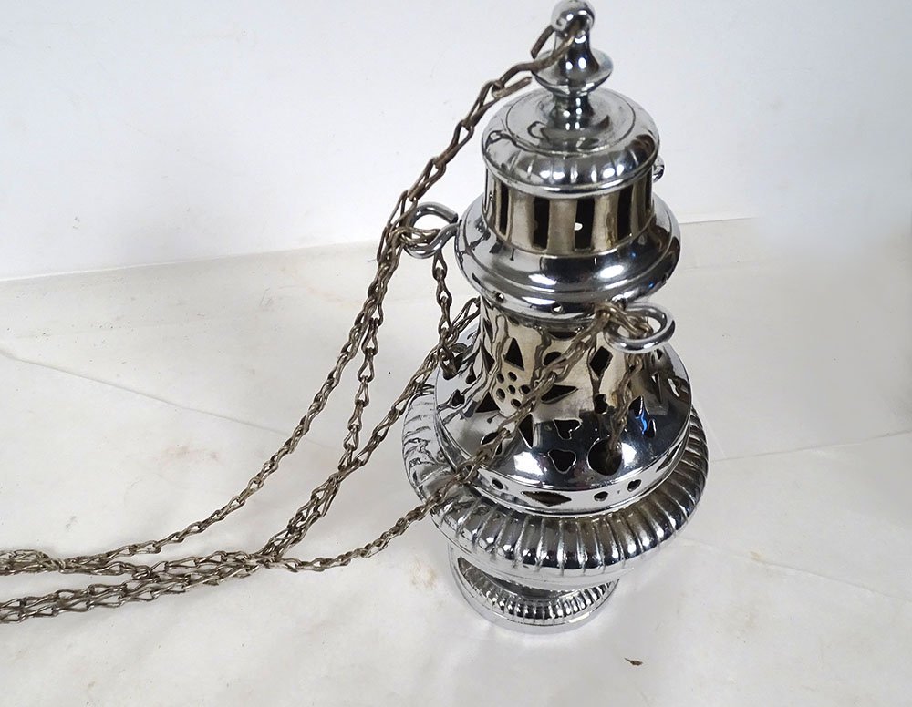 Encensoir d'église bronze argenté avec chaînes suspension XIXème siècle-photo-2