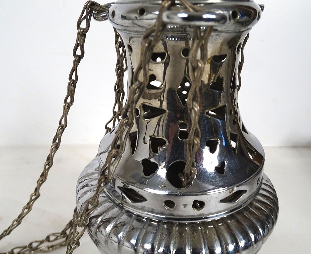 Encensoir d'église bronze argenté avec chaînes suspension XIXème siècle-photo-1