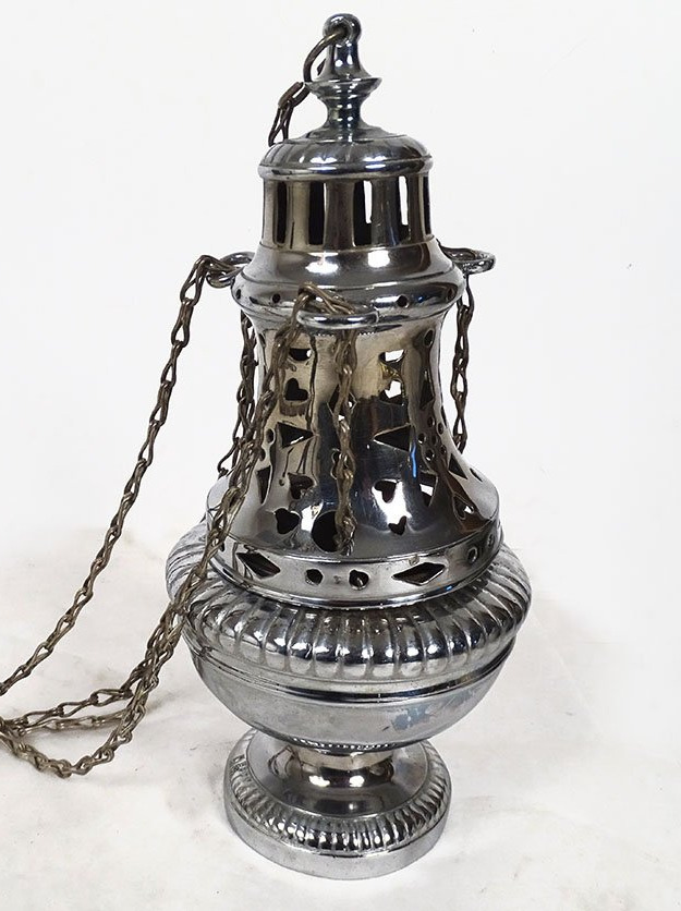 Encensoir d'église bronze argenté avec chaînes suspension XIXème siècle