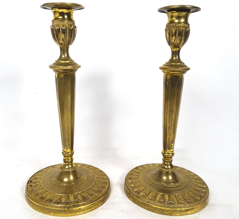 Pair Of Directoire-style Gilt-bronze Palm-motif Candlesticks, Late 18th Century