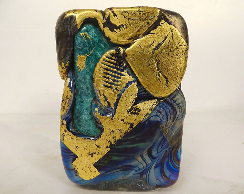 Compression Sculpture, Paperweight By Jean-claude Novaro, Glass With Gold Leaf-photo-3