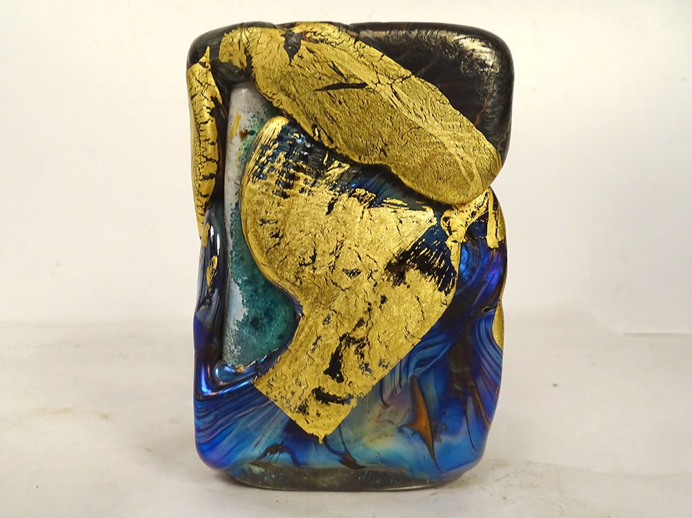 Compression Sculpture, Paperweight By Jean-claude Novaro, Glass With Gold Leaf-photo-2