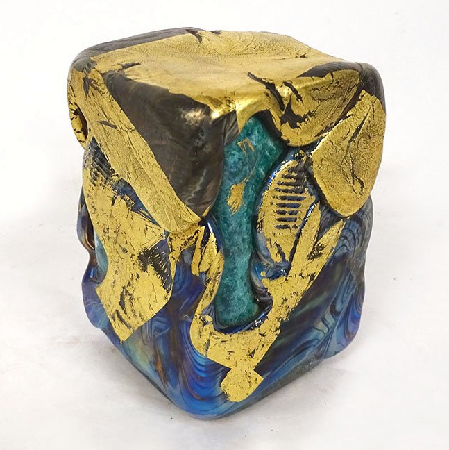 Compression Sculpture, Paperweight By Jean-claude Novaro, Glass With Gold Leaf