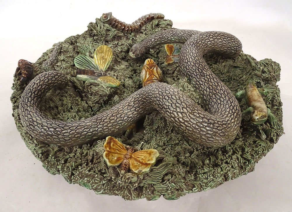 19th-century Caldas Da Rainha "figulines" Palissy "serpent" Rustic Trompe-l'œil Plate-photo-2