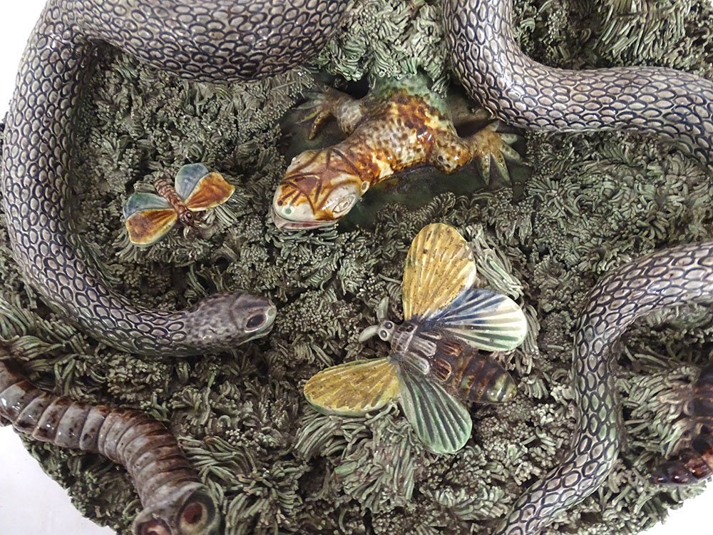 19th-century Caldas Da Rainha "figulines" Palissy "serpent" Rustic Trompe-l'œil Plate-photo-3