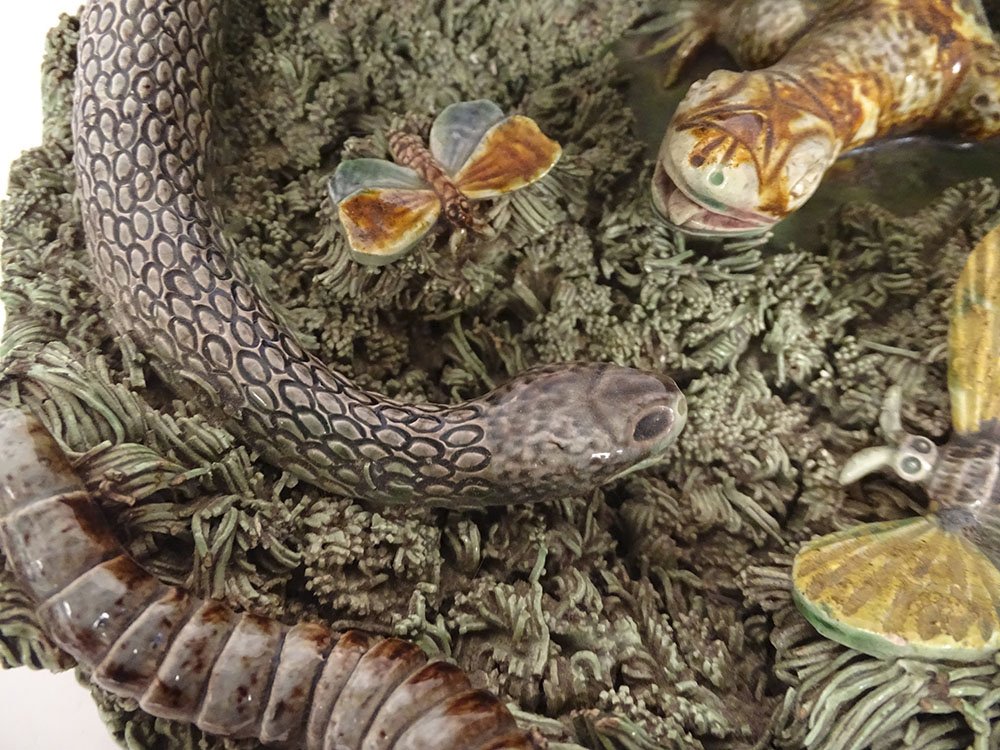 19th-century Caldas Da Rainha "figulines" Palissy "serpent" Rustic Trompe-l'œil Plate-photo-1