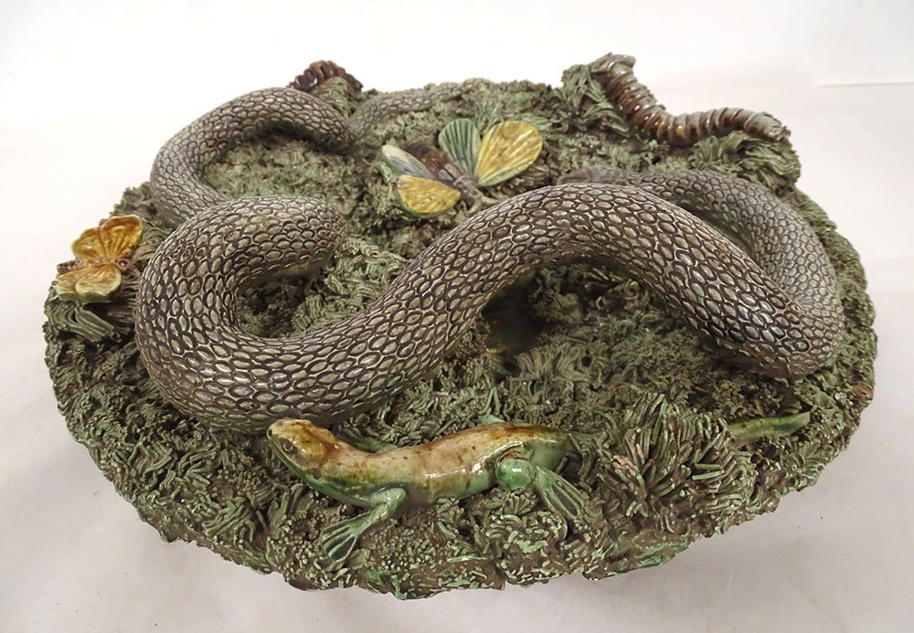19th-century Caldas Da Rainha "figulines" Palissy "serpent" Rustic Trompe-l'œil Plate-photo-6