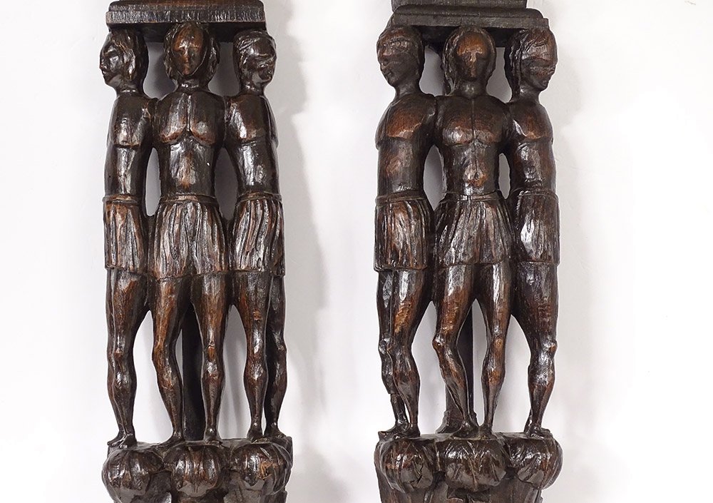 Paire sculptures Haute Epoque bois sculpté boiserie indigènes XVIIè siècle-photo-2