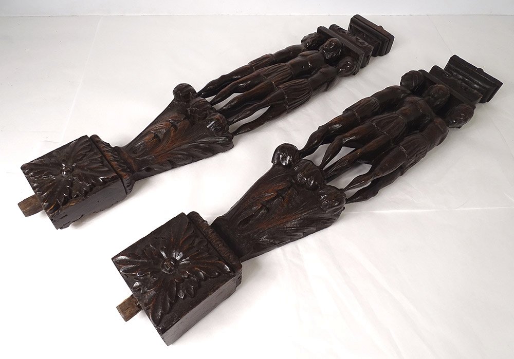 Paire sculptures Haute Epoque bois sculpté boiserie indigènes XVIIè siècle-photo-4