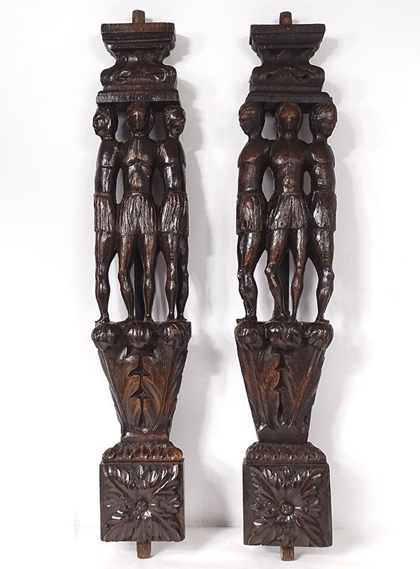 Paire sculptures Haute Epoque bois sculpté boiserie indigènes XVIIè siècle