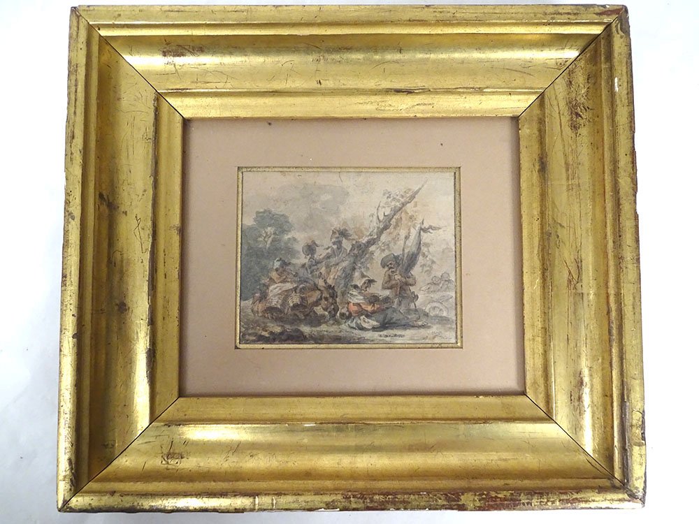 Petite aquarelle Robert Léopold Leprince scène campagne halte âne XIXème