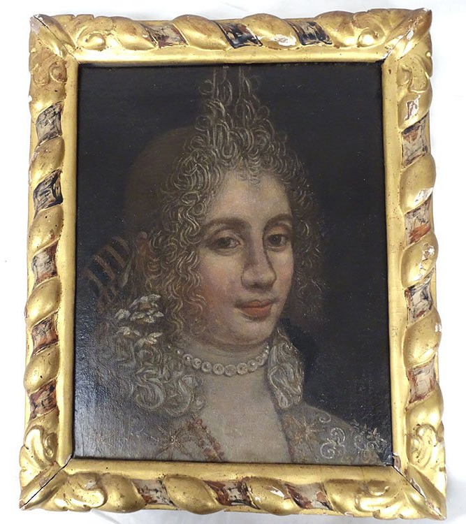 HST portrait noble dame Cour Fontange cadre torsadé doré Louis XIV XVIIème