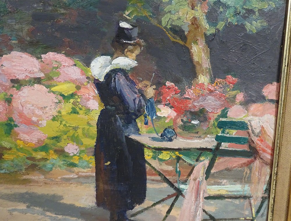 HSC tableau Henry Vollet bretonne tricoteuse fleurs hortensia Bretagne XXè-photo-2