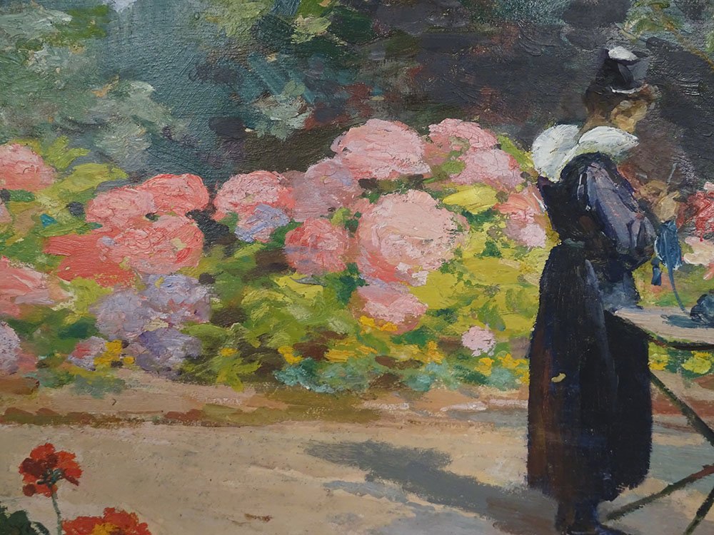 HSC tableau Henry Vollet bretonne tricoteuse fleurs hortensia Bretagne XXè-photo-3