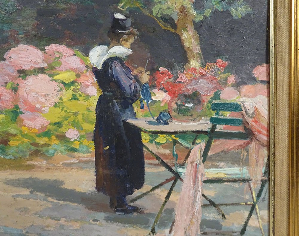 HSC tableau Henry Vollet bretonne tricoteuse fleurs hortensia Bretagne XXè-photo-4