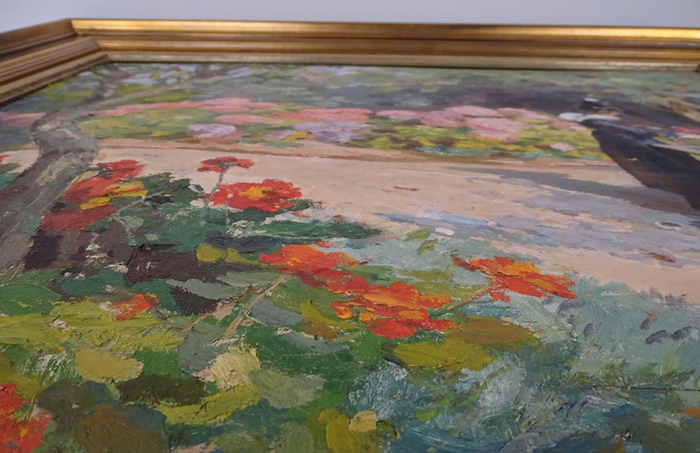 HSC tableau Henry Vollet bretonne tricoteuse fleurs hortensia Bretagne XXè-photo-5