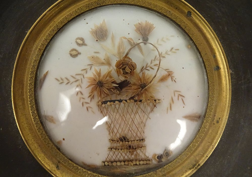 Miniature cadre travail de cheveux souvenir panier fleurs Napoléon III XIXè-photo-2