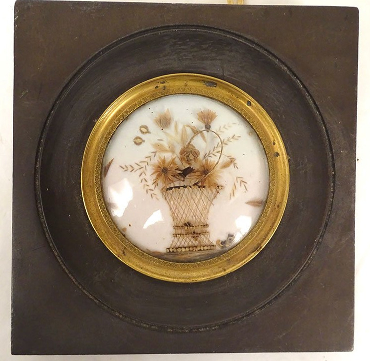 Miniature cadre travail de cheveux souvenir panier fleurs Napoléon III XIXè
