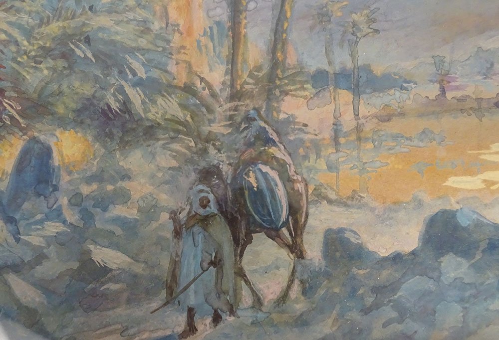 Paire tableaux gouaches orientalistes paysages Oued Oasis Algérie Atlas XXè-photo-6