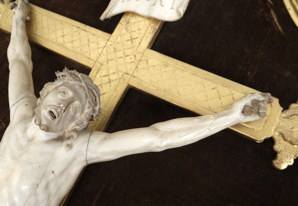 Grand Christ Crucifix Ivoire Dieppe Cadre Bois Sculpté Angelots St-suaire 18è-photo-5