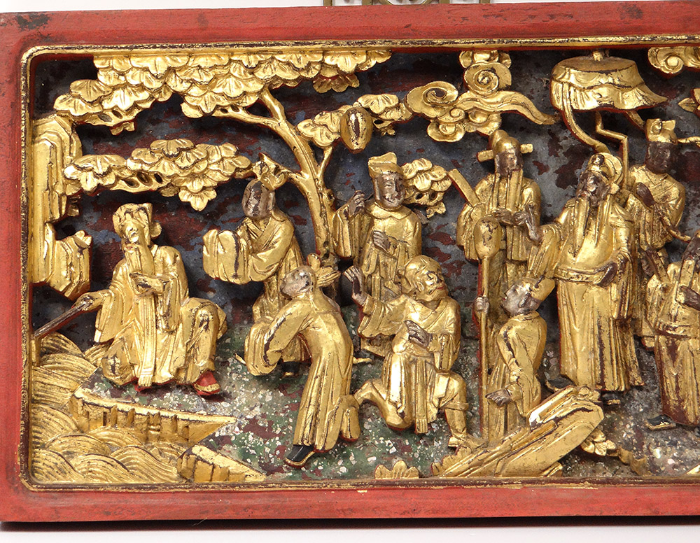 Panneau Haut-relief Bois Sculpté Doré Personnages Dignitaires Chine XIXème-photo-2