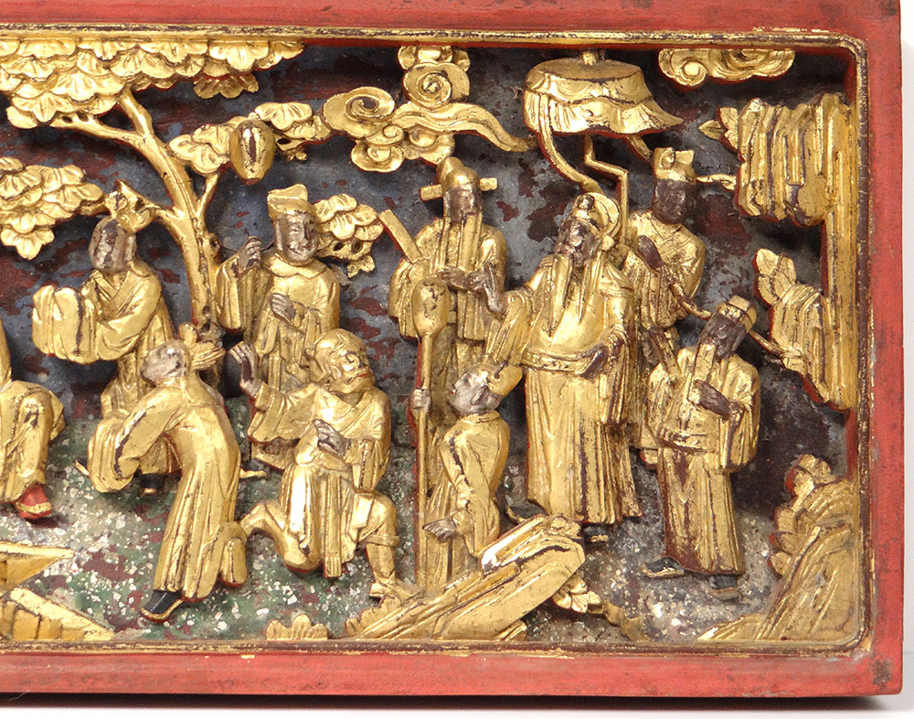 High-relief Carved Wood Panel Golden Characters Dignitaries China Nineteenth-photo-3