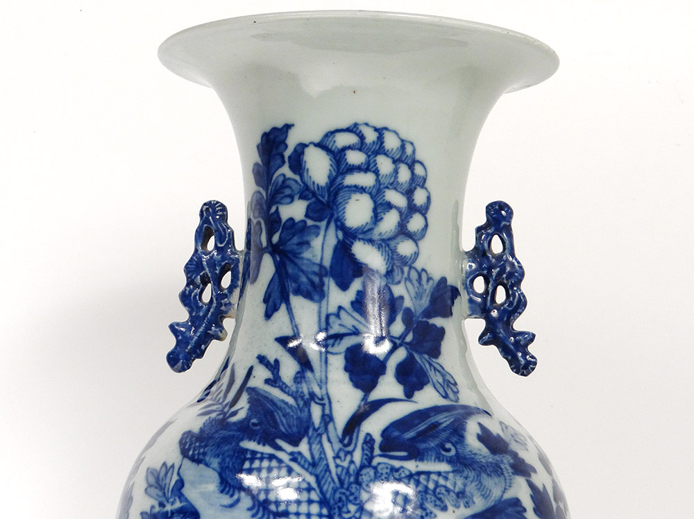 Grand Vase Balustre Porcelaine Chinoise Blanc-bleu Phoenix Paons Fleurs XIXè-photo-2