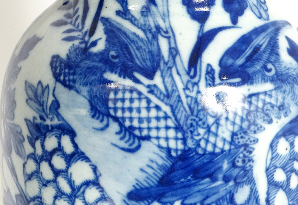 Grand Vase Balustre Porcelaine Chinoise Blanc-bleu Phoenix Paons Fleurs XIXè-photo-1