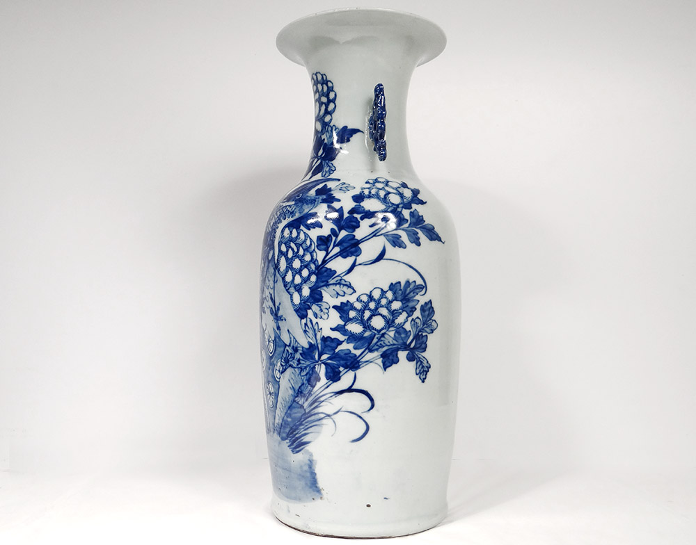 Grand Vase Balustre Porcelaine Chinoise Blanc-bleu Phoenix Paons Fleurs XIXè-photo-3