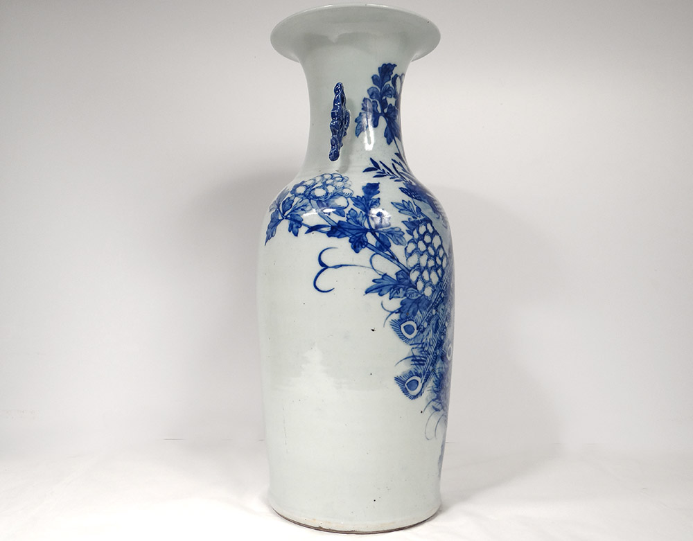 Grand Vase Balustre Porcelaine Chinoise Blanc-bleu Phoenix Paons Fleurs XIXè-photo-4
