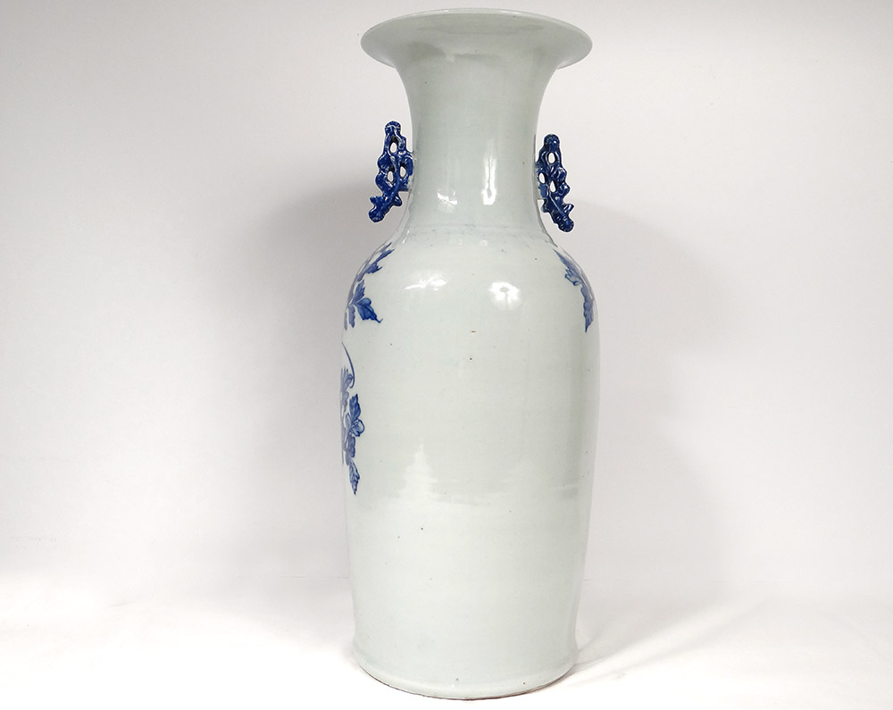 Grand Vase Balustre Porcelaine Chinoise Blanc-bleu Phoenix Paons Fleurs XIXè-photo-5