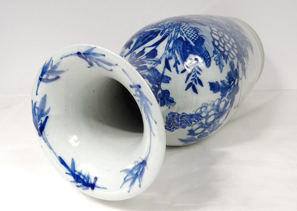 Grand Vase Balustre Porcelaine Chinoise Blanc-bleu Phoenix Paons Fleurs XIXè-photo-6