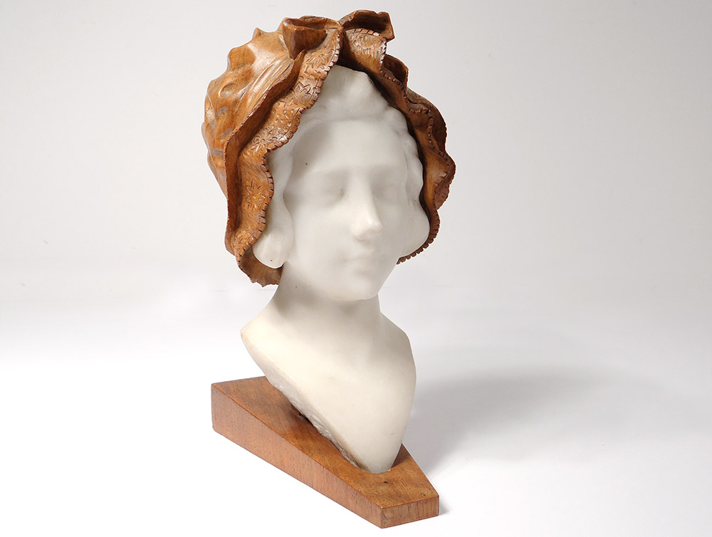 Sculpture Tête Jeune Femme Marbre Carrare Bois Sculpté Hollande XIXème