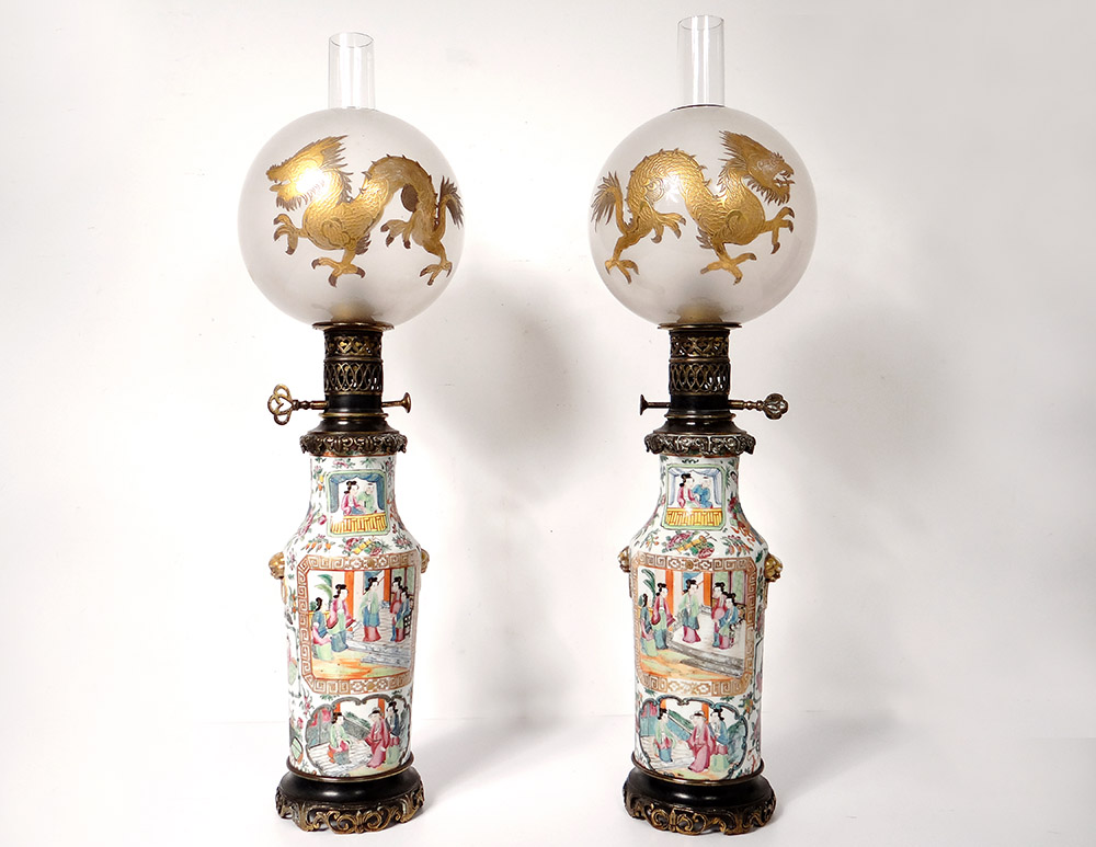 Pair Oil Lamps Porcelain Canton Crystal Ball Saint-louis Bronze 19th