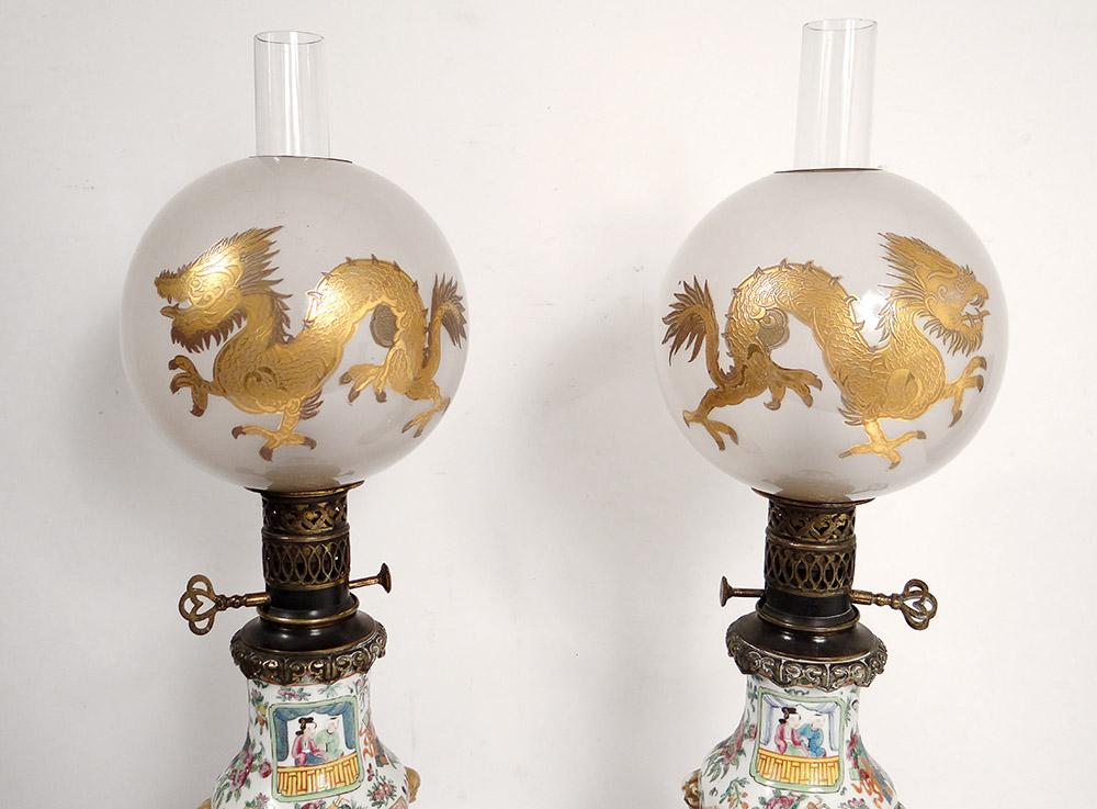 Pair Oil Lamps Porcelain Canton Crystal Ball Saint-louis Bronze 19th-photo-2