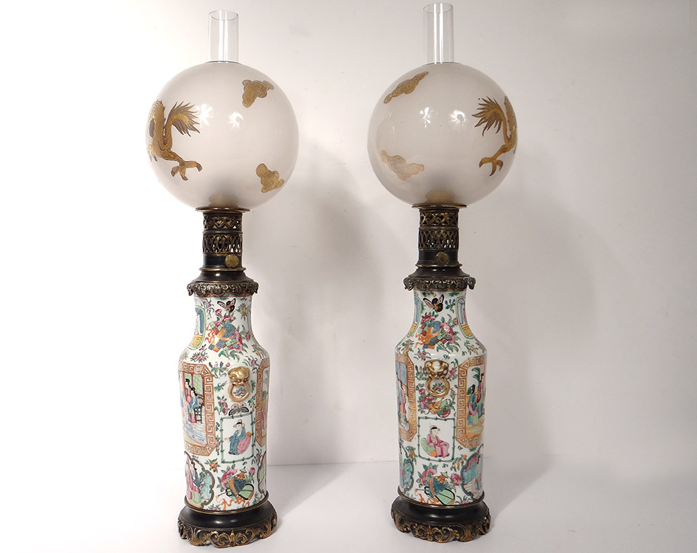 Pair Oil Lamps Porcelain Canton Crystal Ball Saint-louis Bronze 19th-photo-4