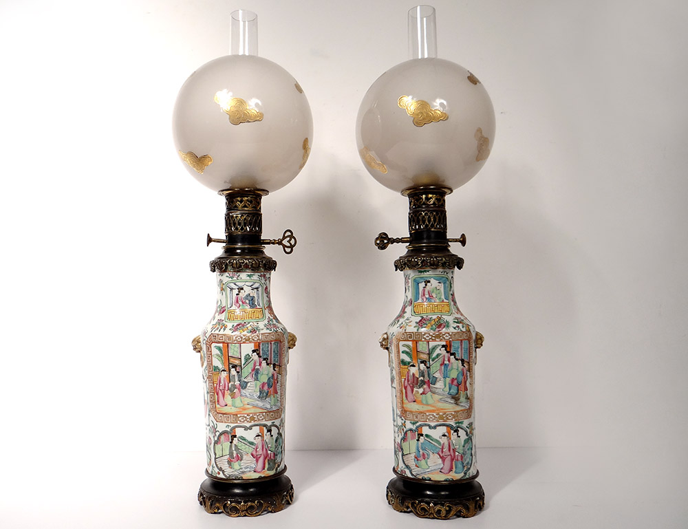 Pair Oil Lamps Porcelain Canton Crystal Ball Saint-louis Bronze 19th-photo-5