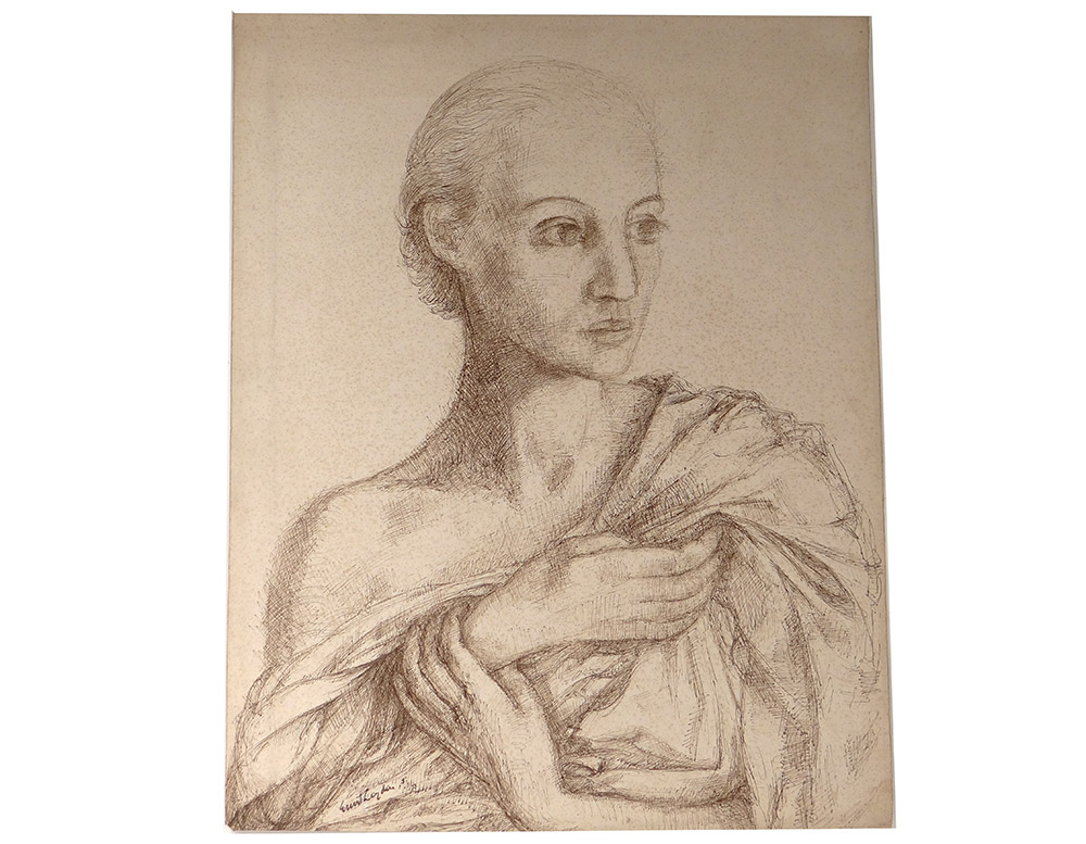 Dessin Encre Ernst Van Leyden Portrait Femme Karin Van Leyden Portret 1933