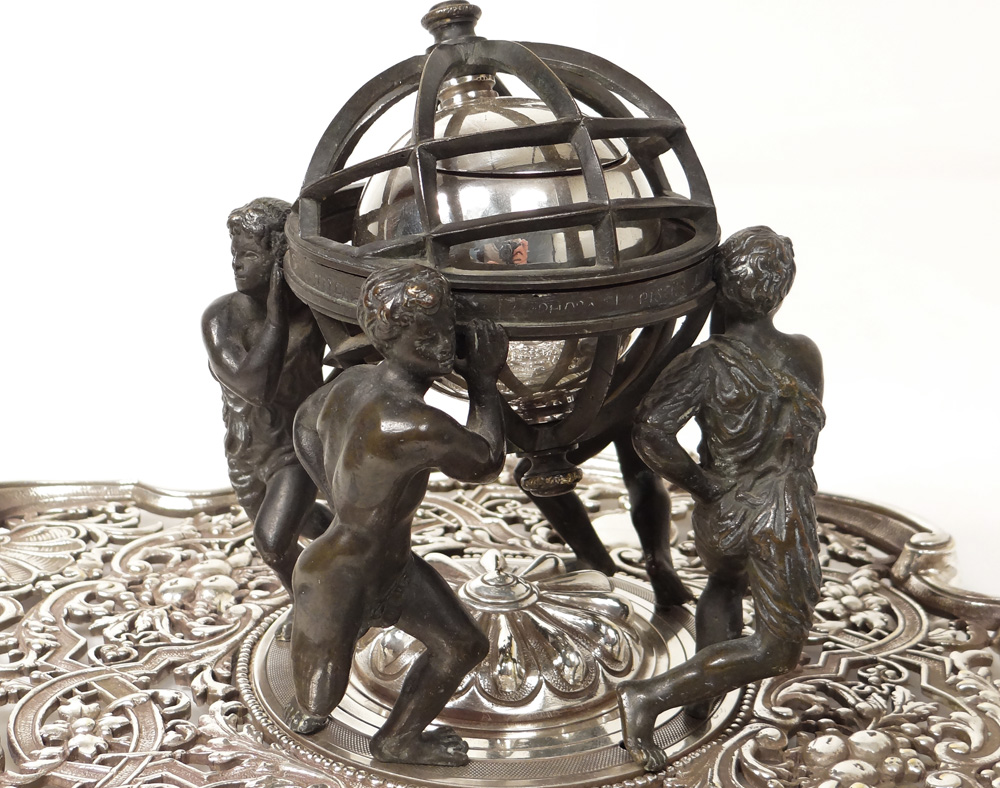 Bronze Inkwell Sphere Armillary Characters Continents Lerolle Brothers Nineteenth-photo-2