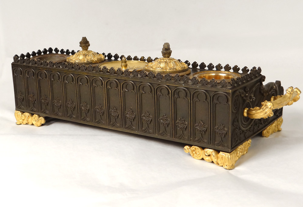 Inkwell Bronze Flowers Foliage Gilding Empire XIXth Century-photo-3