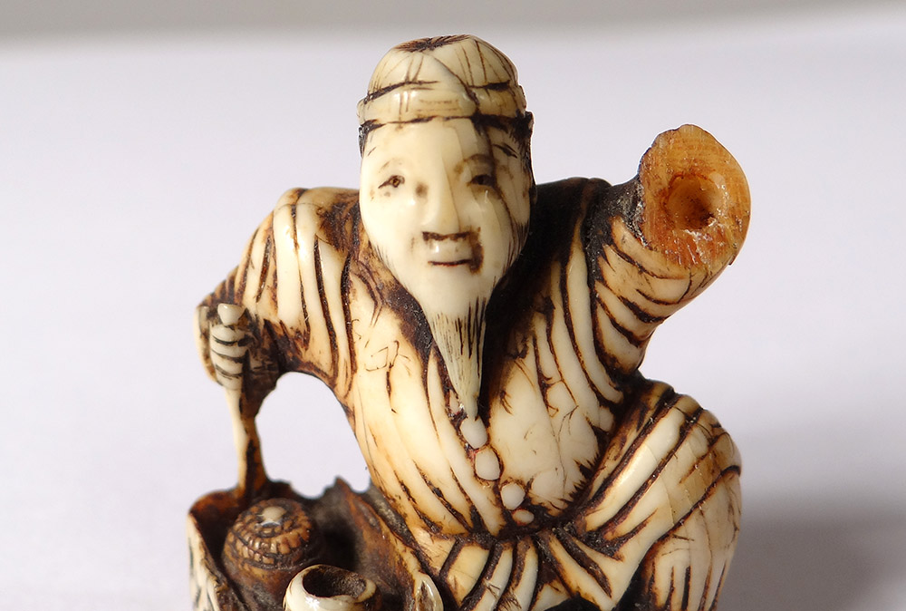 Netsuke Katabori Ivory Carved Signed Tomokazu Old Man Wise Japan Edo Nineteenth-photo-1