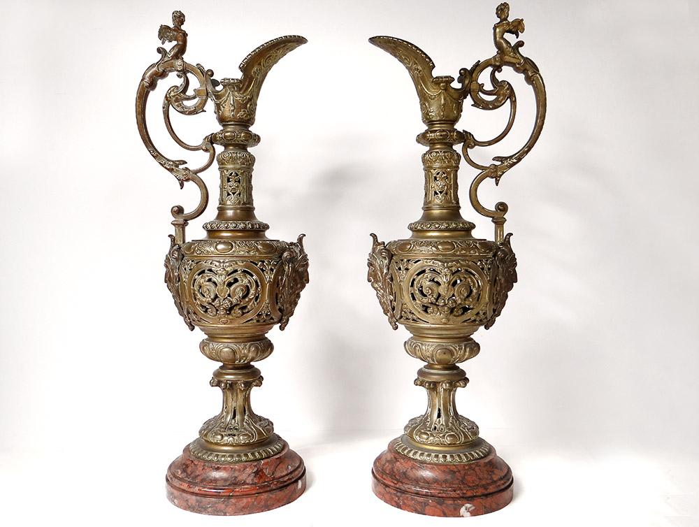 Paire Grandes Aiguières Cassolettes Bronze Renaissance Kerino Vannes XIXème